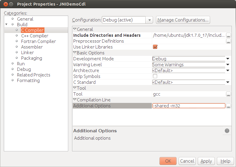 jni project properties cmd options