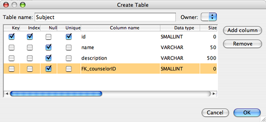 create table subject